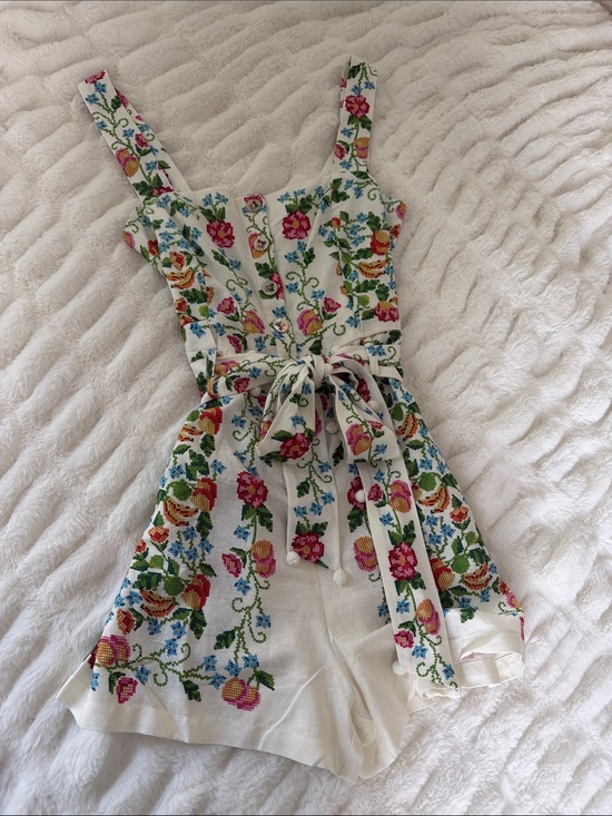FARM Rio Pants - FARM Rio White Floral Embroidered Cotton Romper